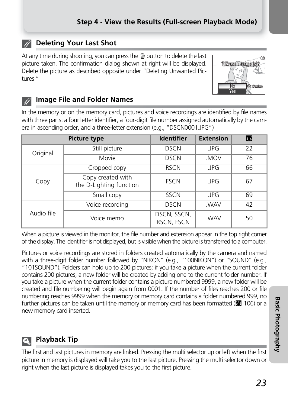 Deleting your last shot, Image file and folder names, Playback tip | Nikon 7600 User Manual | Page 33 / 140