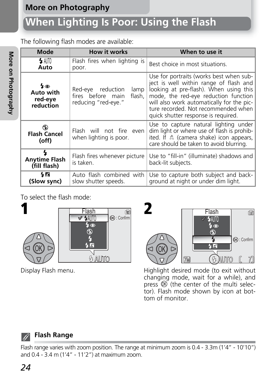 When lighting is poor: using the flash, More on photography, Auto | Auto 7 7 | Nikon 7600 User Manual | Page 34 / 140