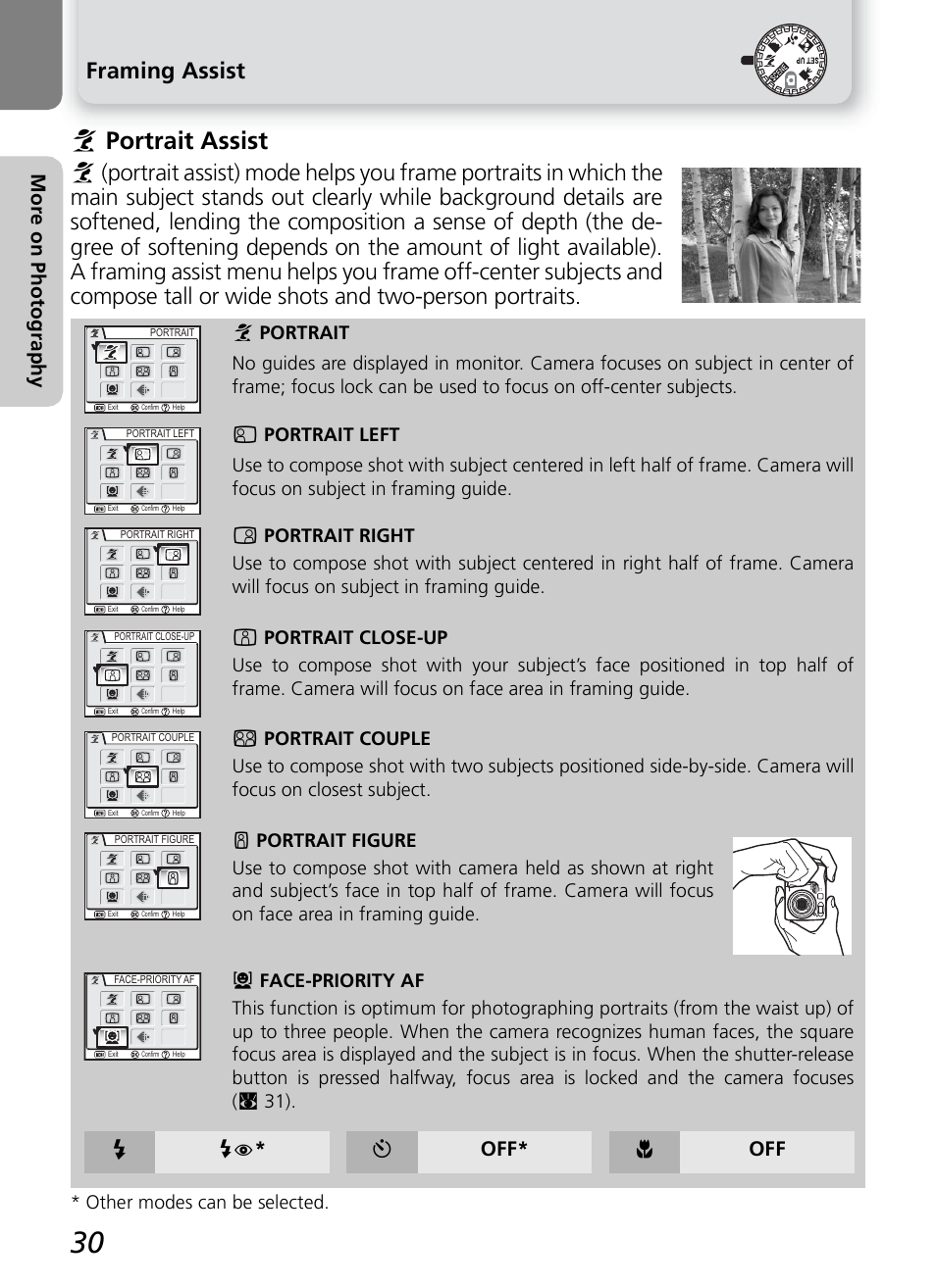 I portrait assist, Framing assist, Mo re on p hot ogra phy | Y off* & off | Nikon 7600 User Manual | Page 40 / 140