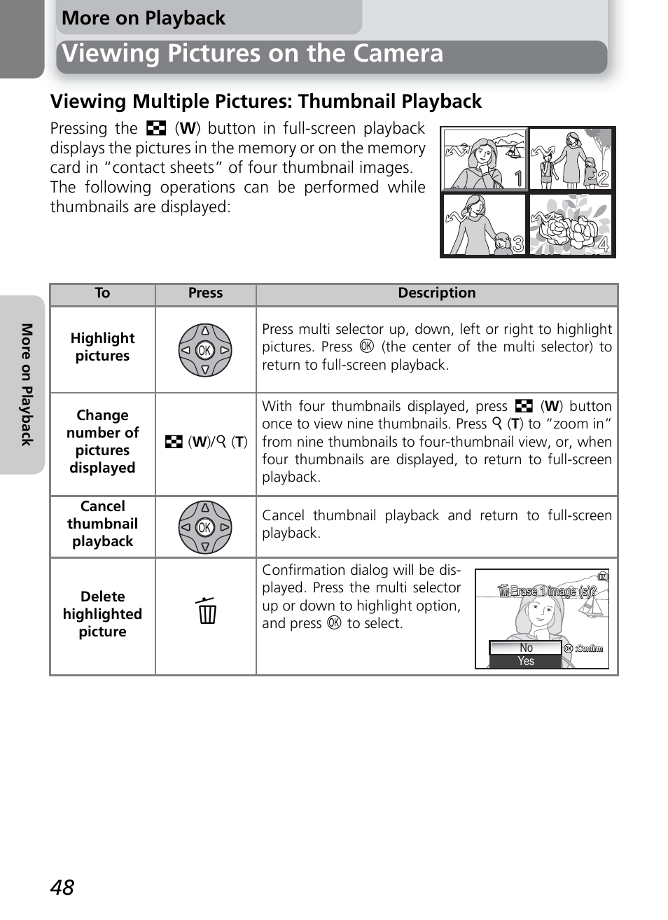 Viewing pictures on the camera, More on playback, Viewing multiple pictures: thumbnail playback | Nikon 7600 User Manual | Page 58 / 140