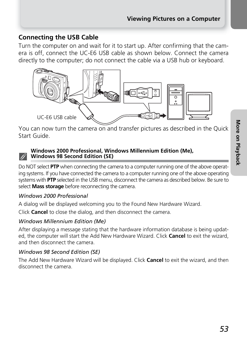 Connecting the usb cable | Nikon 7600 User Manual | Page 63 / 140