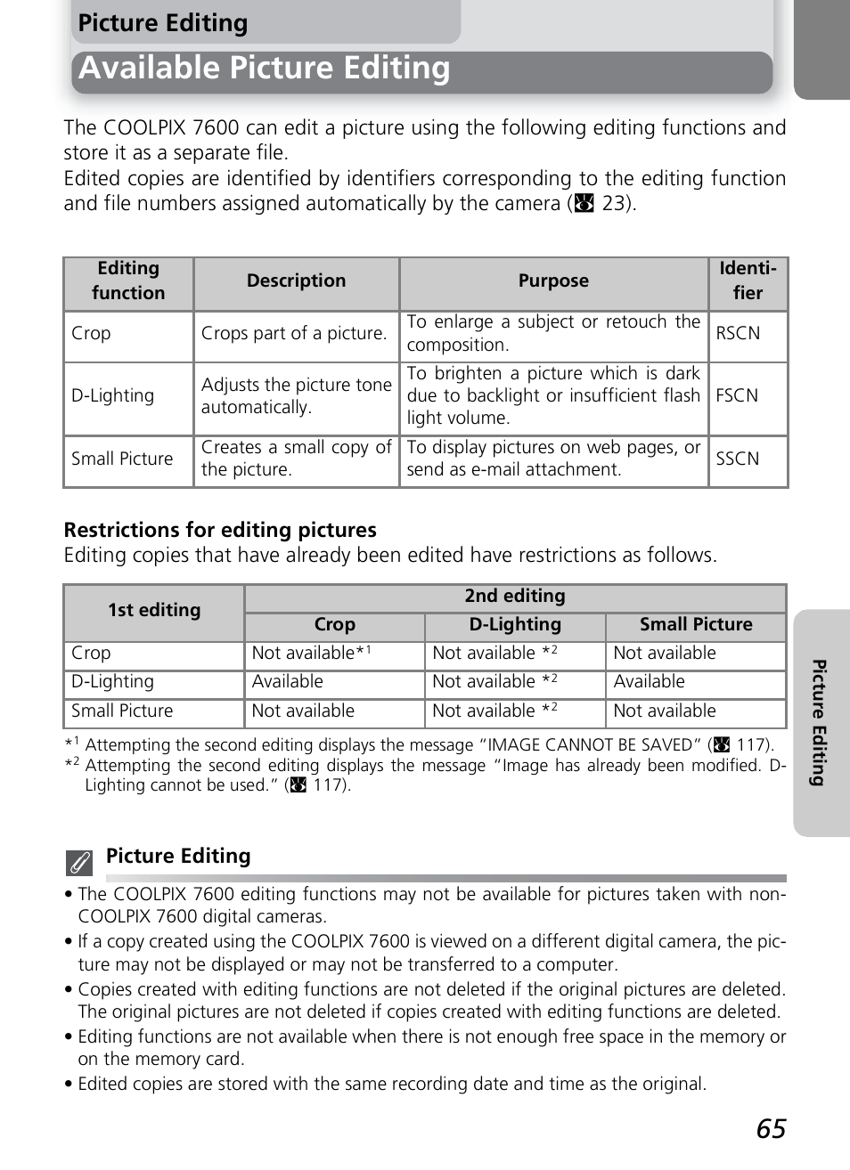 Available picture editing, Picture editing | Nikon 7600 User Manual | Page 75 / 140