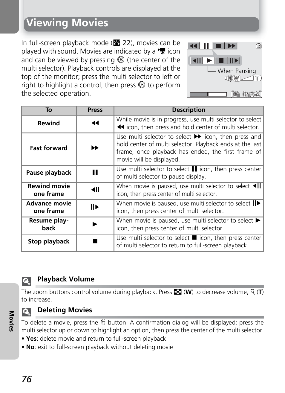 Viewing movies, 0h 0m25s | Nikon 7600 User Manual | Page 86 / 140