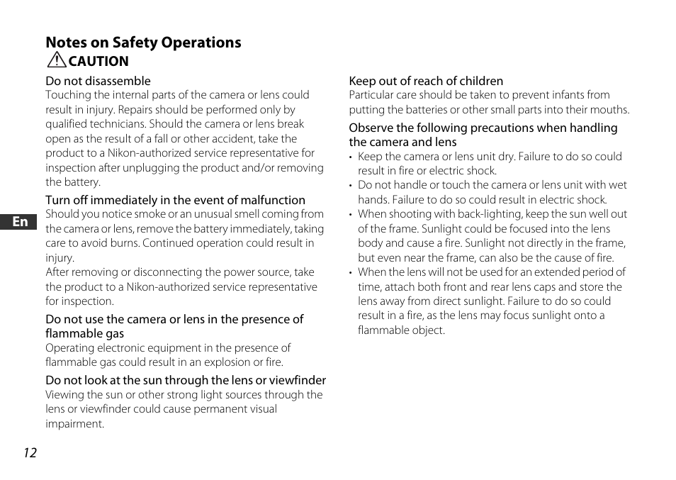 Notes on safety operations, Caution | Nikon AF-S DX NIKKOR 18-55mm f/3.5-5.6GVR ED User Manual | Page 12 / 104