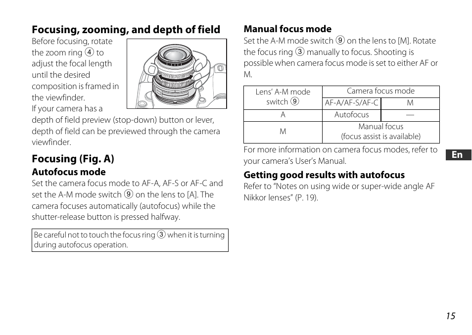 Focusing, zooming, and depth of field, Focusing (fig. a), Autofocus mode | Manual focus mode, Getting good results with autofocus, P. 15), Mode switch (p. 15) | Nikon AF-S DX NIKKOR 18-55mm f/3.5-5.6GVR ED User Manual | Page 15 / 104