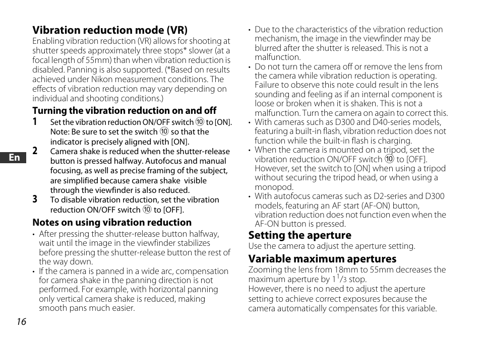 Vibration reduction mode (vr), Turning the vibration reduction on and off, Notes on using vibration reduction | Setting the aperture, Variable maximum apertures, Switch (p. 16) | Nikon AF-S DX NIKKOR 18-55mm f/3.5-5.6GVR ED User Manual | Page 16 / 104