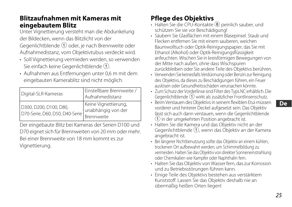 Blitzaufnahmen mit kameras mit eingebautem blitz, Pflege des objektivs, Akte (s. 25 | Nikon AF-S DX NIKKOR 18-55mm f/3.5-5.6GVR ED User Manual | Page 25 / 104