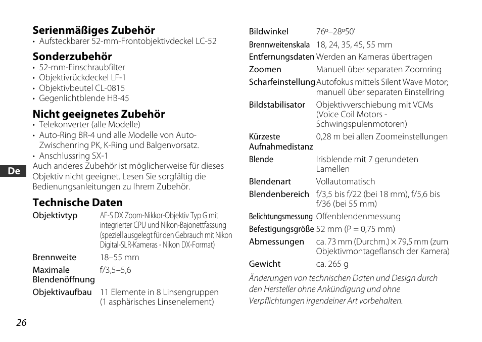 Serienmäßiges zubehör, Sonderzubehör, Nicht geeignetes zubehör | Technische daten | Nikon AF-S DX NIKKOR 18-55mm f/3.5-5.6GVR ED User Manual | Page 26 / 104