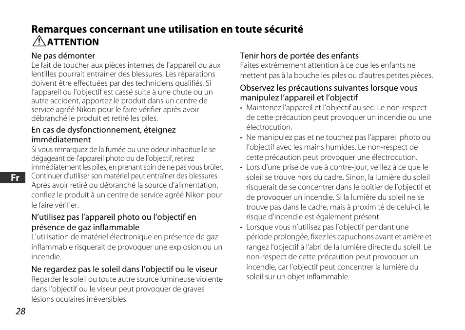 Attention | Nikon AF-S DX NIKKOR 18-55mm f/3.5-5.6GVR ED User Manual | Page 28 / 104