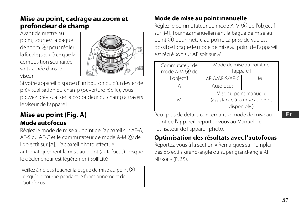 Mise au point (fig. a), Mode autofocus, Mode de mise au point manuelle | Optimisation des résultats avec l’autofocus, Zoom (p. 31), P. 31) | Nikon AF-S DX NIKKOR 18-55mm f/3.5-5.6GVR ED User Manual | Page 31 / 104