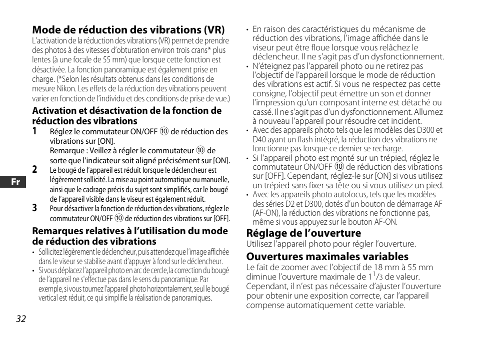 Mode de réduction des vibrations (vr), Réglage de l’ouverture, Ouvertures maximales variables | Ions (p. 32) | Nikon AF-S DX NIKKOR 18-55mm f/3.5-5.6GVR ED User Manual | Page 32 / 104