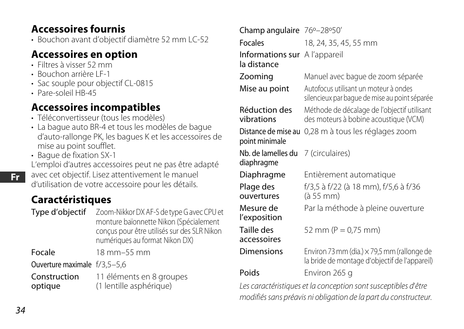 Accessoires fournis, Accessoires en option, Accessoires incompatibles | Caractéristiques | Nikon AF-S DX NIKKOR 18-55mm f/3.5-5.6GVR ED User Manual | Page 34 / 104