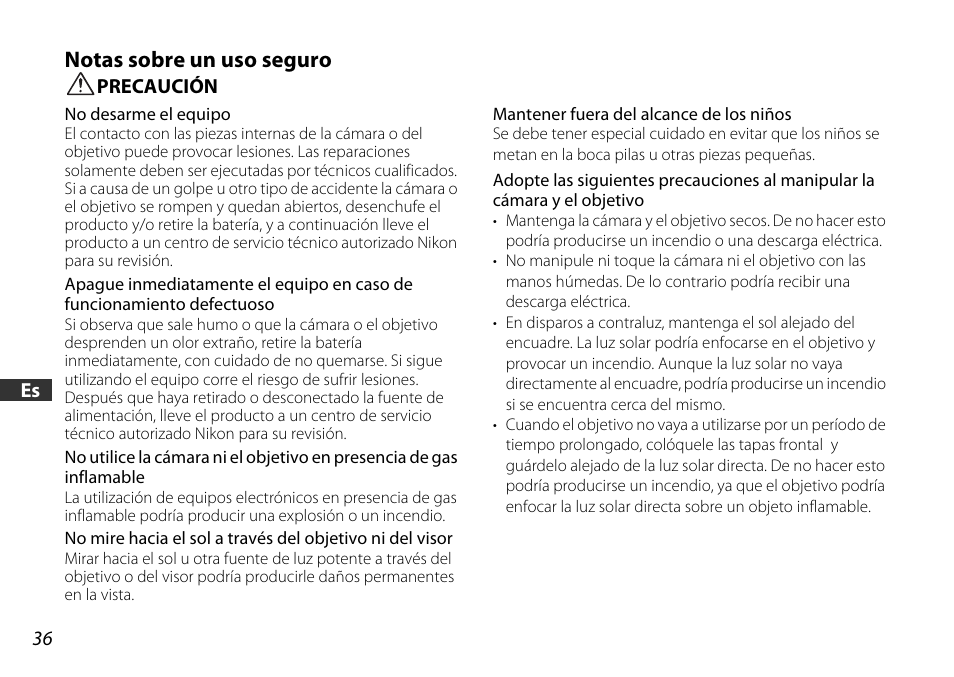 Notas sobre un uso seguro, Precaución | Nikon AF-S DX NIKKOR 18-55mm f/3.5-5.6GVR ED User Manual | Page 36 / 104