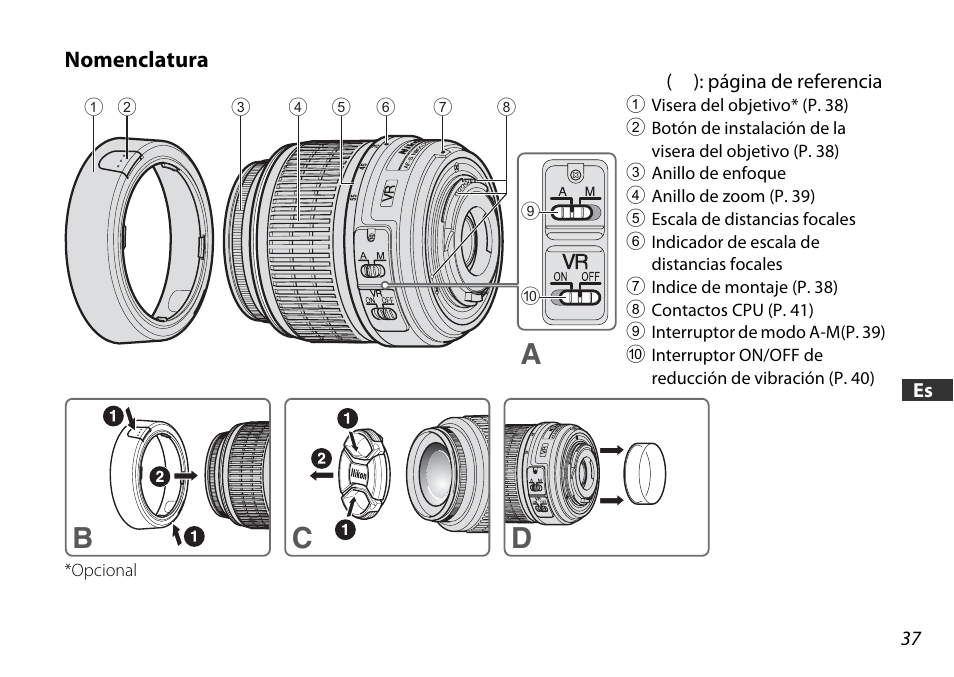 Nomenclatura, Ab c d | Nikon AF-S DX NIKKOR 18-55mm f/3.5-5.6GVR ED User Manual | Page 37 / 104