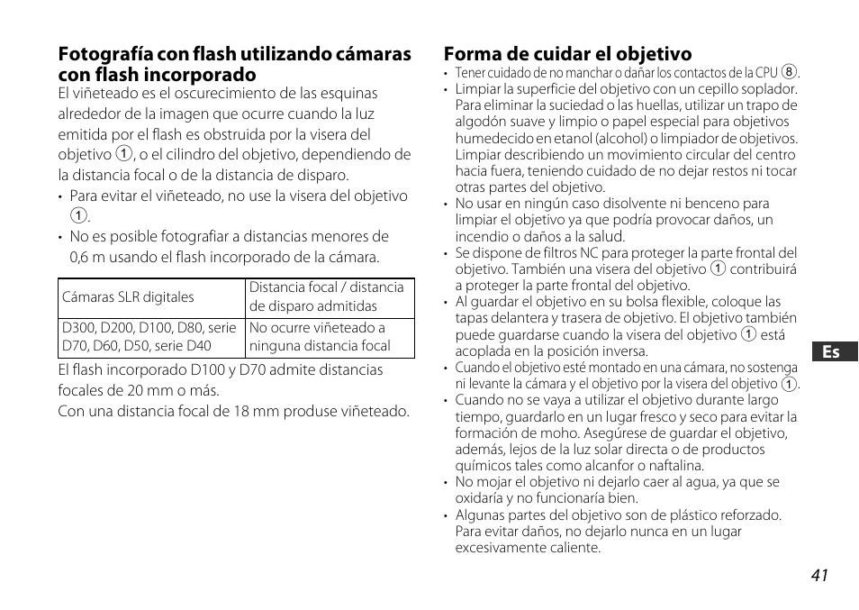 Forma de cuidar el objetivo, U (p. 41) | Nikon AF-S DX NIKKOR 18-55mm f/3.5-5.6GVR ED User Manual | Page 41 / 104