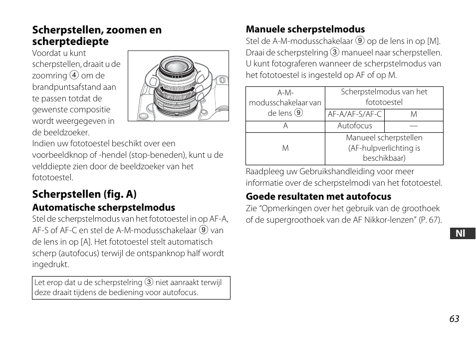 Scherpstellen, zoomen en scherptediepte, Scherpstellen (fig. a), Automatische scherpstelmodus | Manuele scherpstelmodus, Goede resultaten met autofocus, P. 63, P. 63) | Nikon AF-S DX NIKKOR 18-55mm f/3.5-5.6GVR ED User Manual | Page 63 / 104