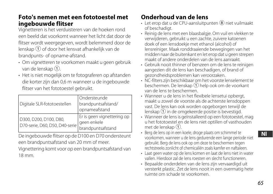 Onderhoud van de lens, Luitpunten (p. 65) | Nikon AF-S DX NIKKOR 18-55mm f/3.5-5.6GVR ED User Manual | Page 65 / 104