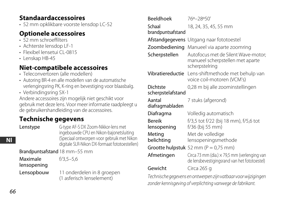 Standaardaccessoires, Optionele accessoires, Niet-compatibele accessoires | Technische gegevens | Nikon AF-S DX NIKKOR 18-55mm f/3.5-5.6GVR ED User Manual | Page 66 / 104