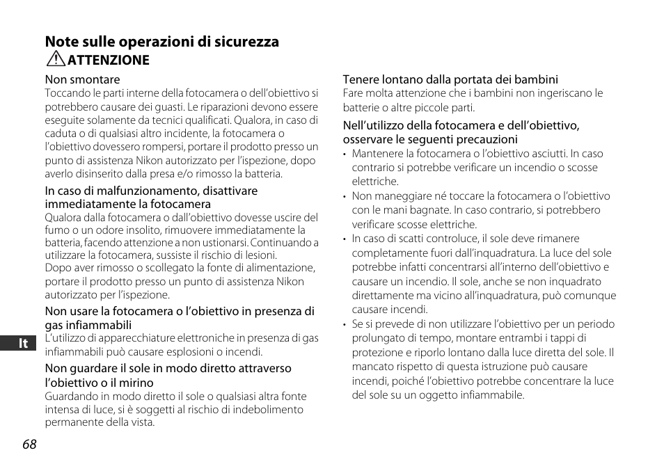 Note sulle operazioni di sicurezza, Attenzione | Nikon AF-S DX NIKKOR 18-55mm f/3.5-5.6GVR ED User Manual | Page 68 / 104