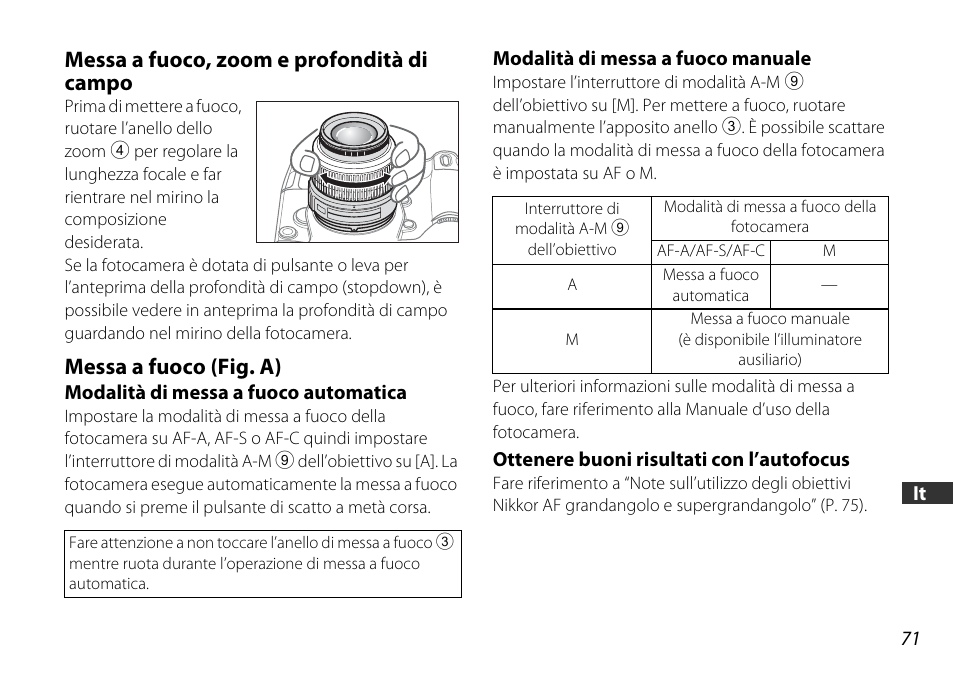 Messa a fuoco, zoom e profondità di campo, Messa a fuoco (fig. a), Modalità di messa a fuoco automatica | Modalità di messa a fuoco manuale, Ottenere buoni risultati con l’autofocus, Zoom (p. 71, P. 71) | Nikon AF-S DX NIKKOR 18-55mm f/3.5-5.6GVR ED User Manual | Page 71 / 104