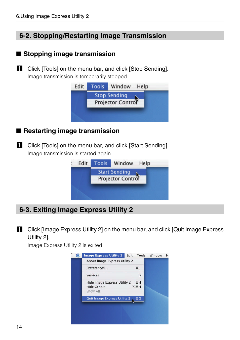 2. stopping/restarting image transmission, 3. exiting image express utility 2, 3. exiting image express utility 2 1 | Nikon NP2000 User Manual | Page 14 / 20