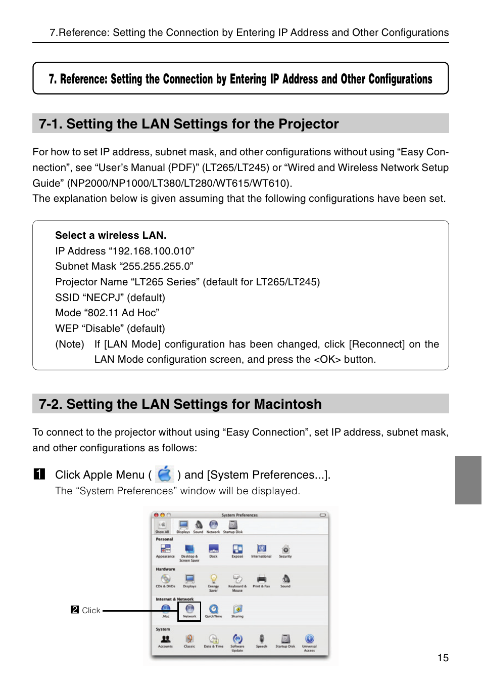 1. setting the lan settings for the projector, 2. setting the lan settings for macintosh | Nikon NP2000 User Manual | Page 15 / 20