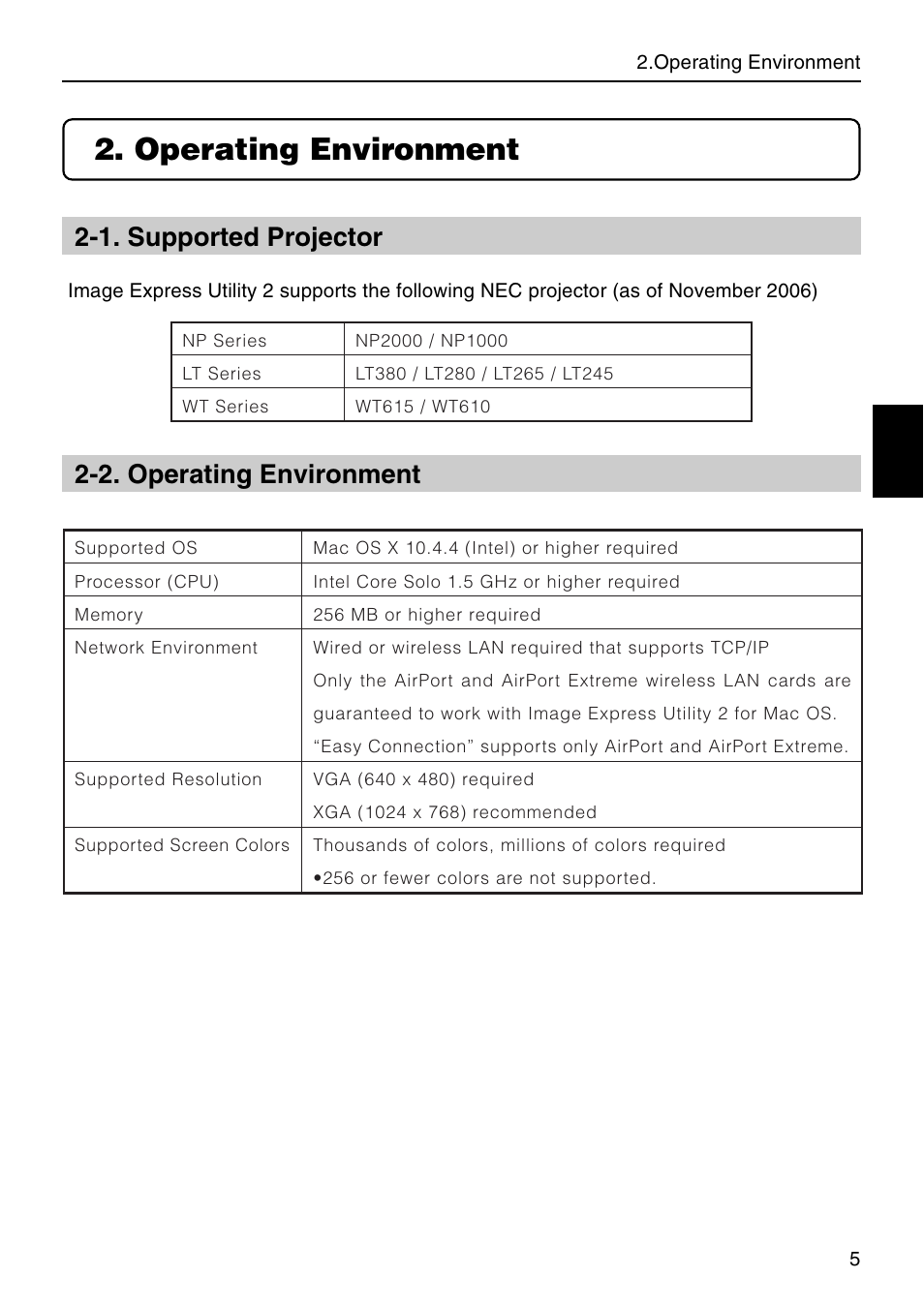 Operating environment, 1. supported projector, 2. operating environment | Nikon NP2000 User Manual | Page 5 / 20