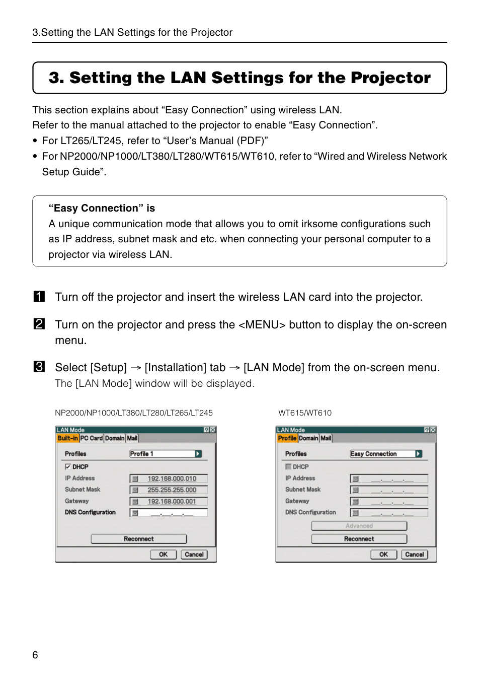 Setting the lan settings for the projector | Nikon NP2000 User Manual | Page 6 / 20