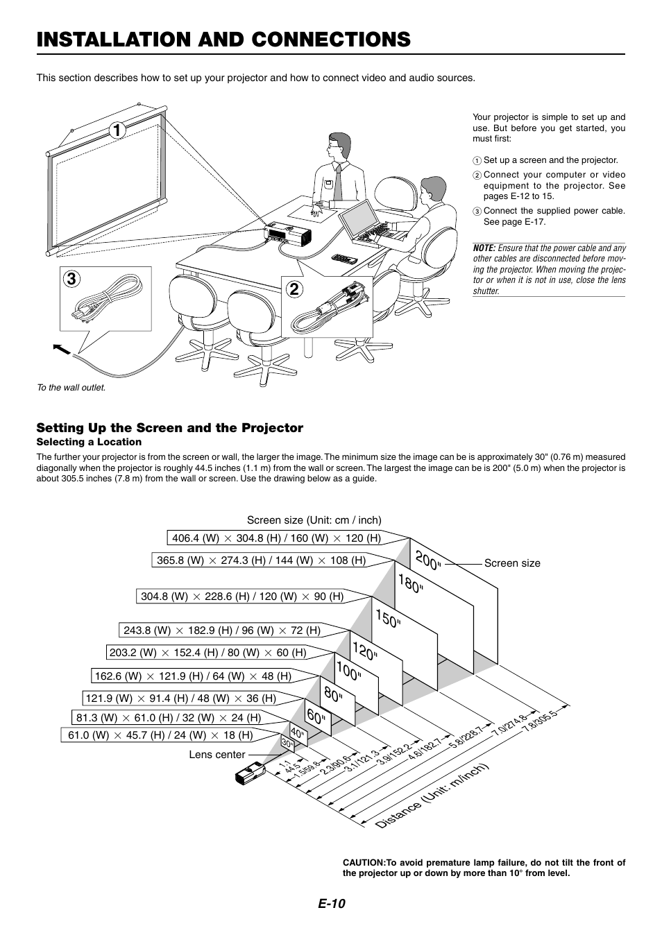 Installation and connections, Setting up the screen and the projector, Selecting a location | Nikon LT170 User Manual | Page 10 / 45