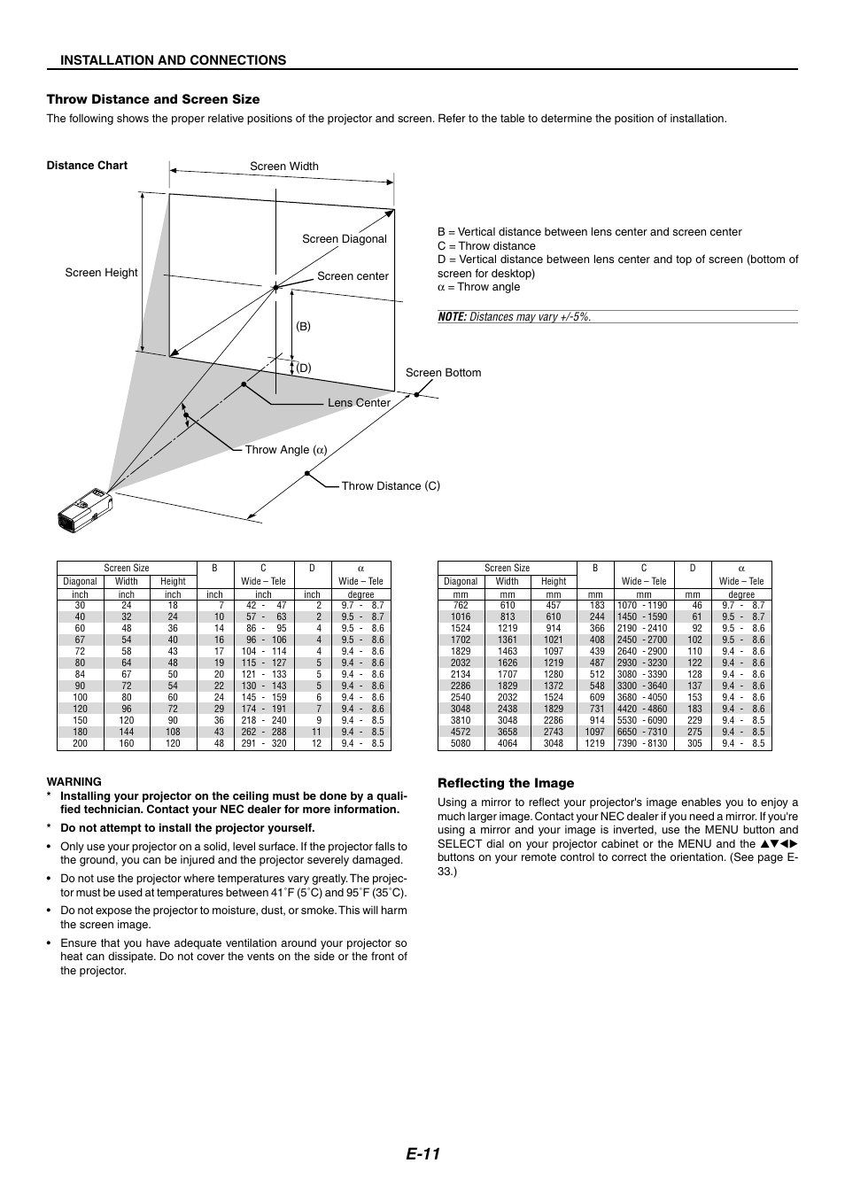 Throw distance and screen size, E-11 | Nikon LT170 User Manual | Page 11 / 45