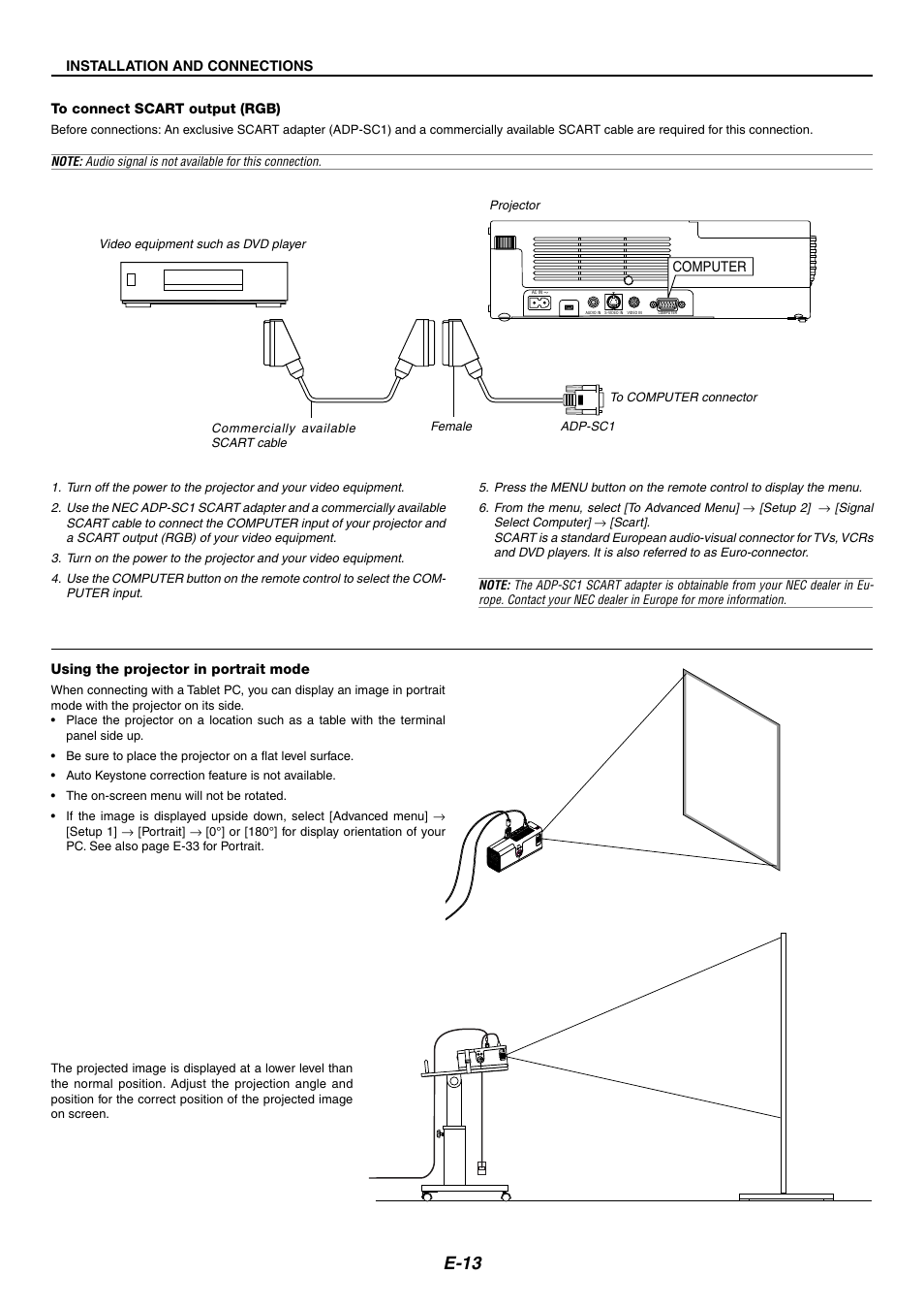 To connect scart output (rgb), Using the projector in portrait mode, E-13 | Nikon LT170 User Manual | Page 13 / 45