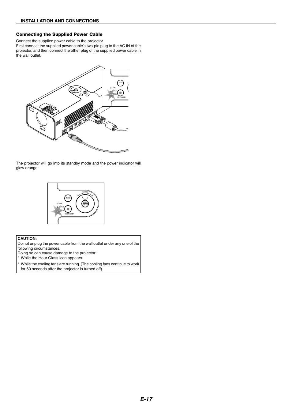 Connecting the supplied power cable, E-17, Installation and connections | Nikon LT170 User Manual | Page 17 / 45