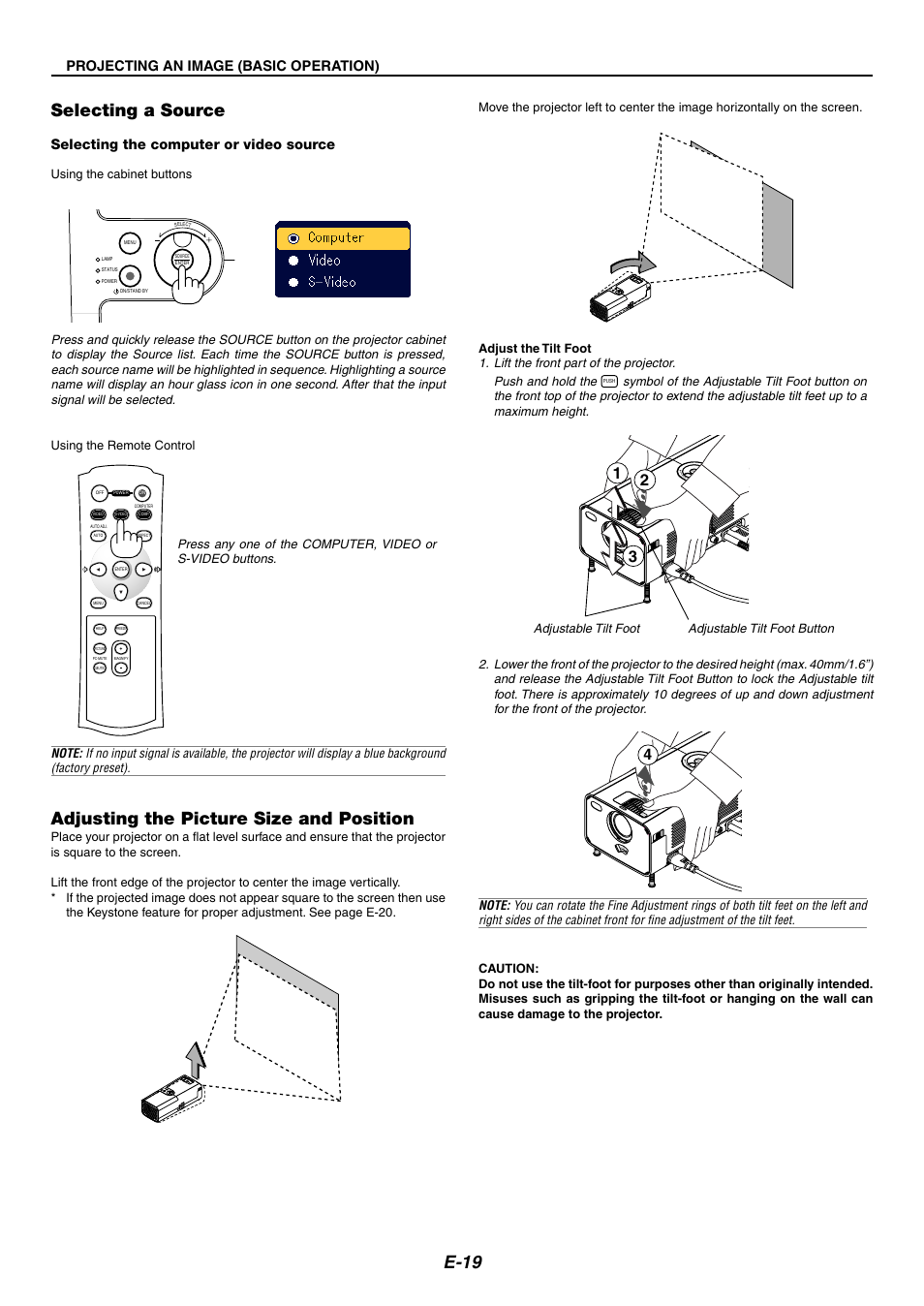 Selecting a source, Adjusting the picture size and position, E-19 selecting a source | Selecting the computer or video source, Projecting an image (basic operation), Pu sh clos e | Nikon LT170 User Manual | Page 19 / 45