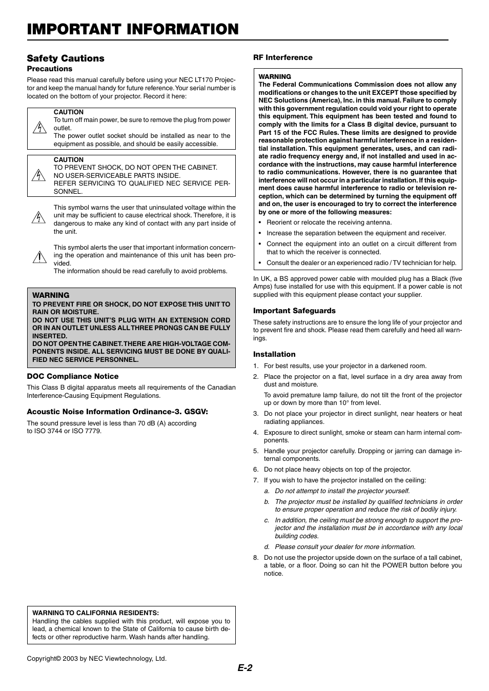 Important information, Safety cautions | Nikon LT170 User Manual | Page 2 / 45