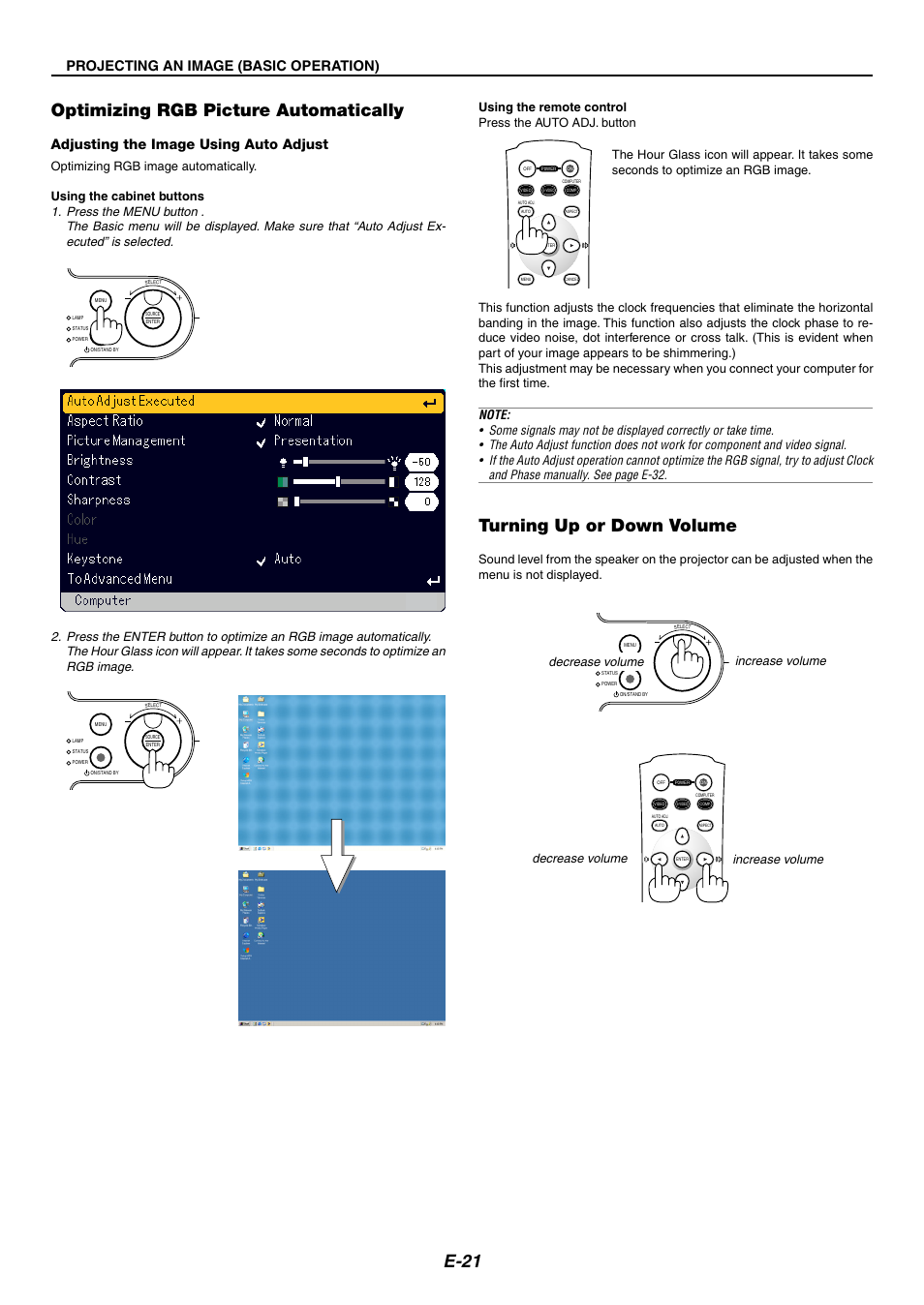 Optimizing rgb picture automatically, Turning up or down volume, E-21 | Projecting an image (basic operation), Adjusting the image using auto adjust, Increase volume decrease volume | Nikon LT170 User Manual | Page 21 / 45
