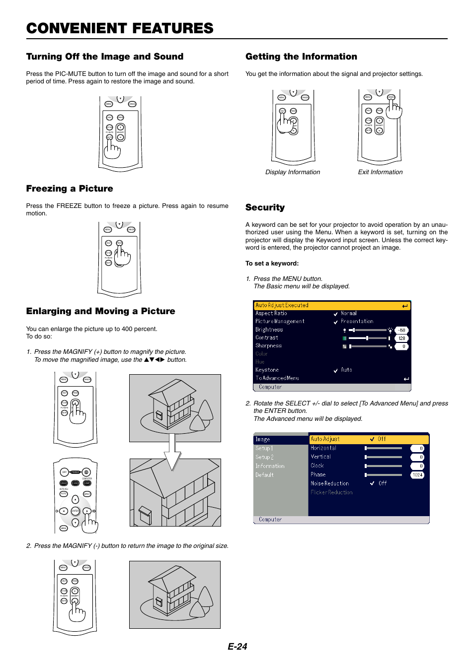 Convenient features, Turning off the image and sound, Freezing a picture | Enlarging and moving a picture, Getting the information, Security, E-24, Button | Nikon LT170 User Manual | Page 24 / 45