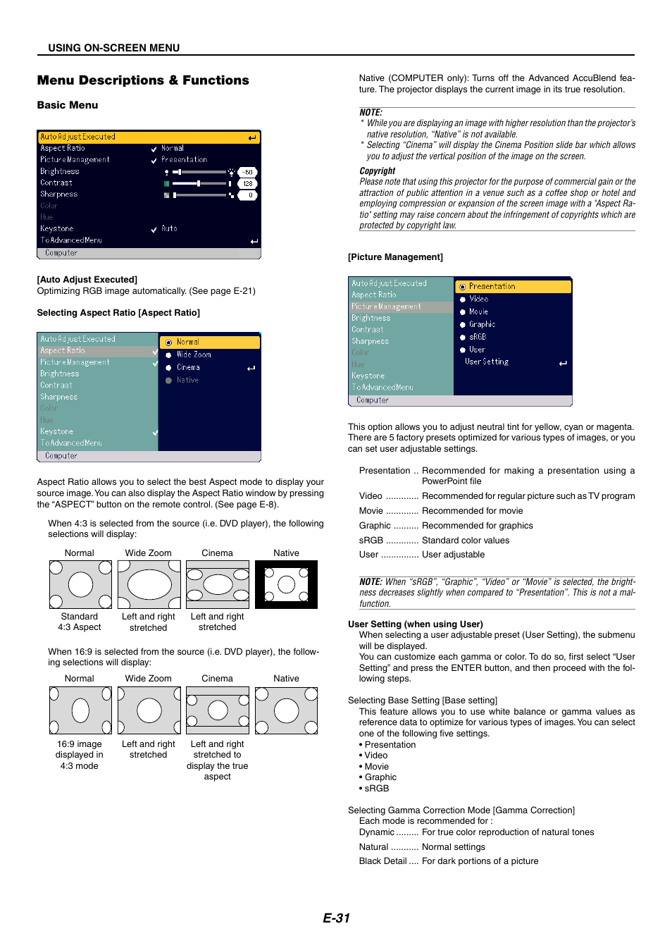 Menu descriptions & functions, Basic menu, Auto adjust executed | Aspect ratio, Picture management, E-31 | Nikon LT170 User Manual | Page 31 / 45