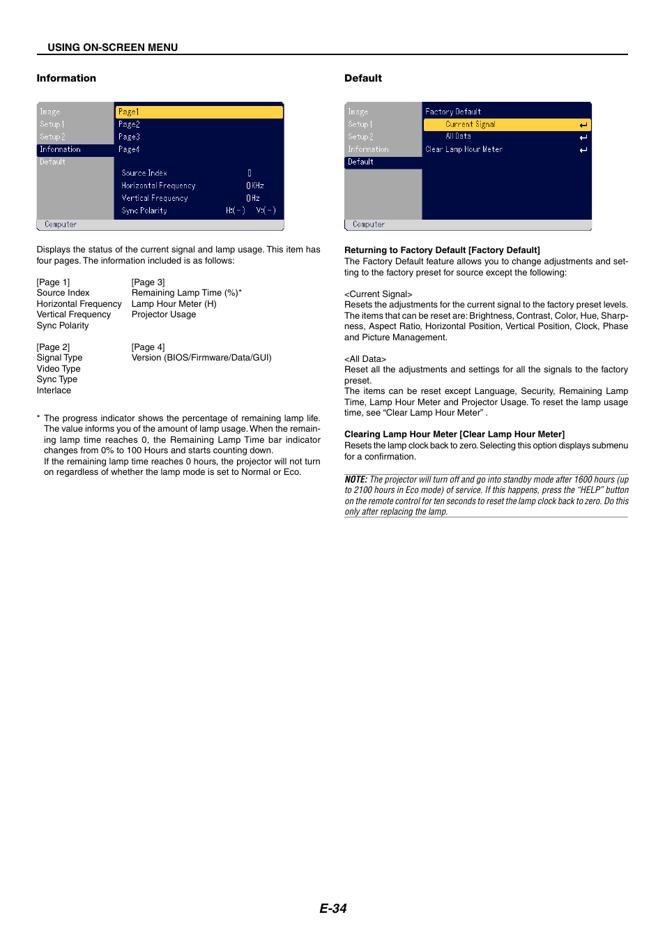 Information, Default, Factory default | Clear lamp hour meter, E-34 | Nikon LT170 User Manual | Page 34 / 45