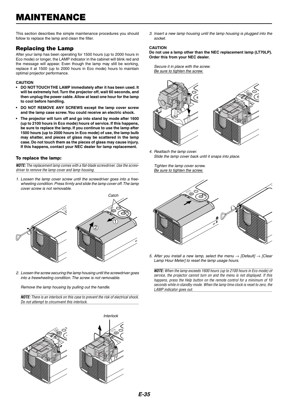 Maintenance, Replacing the lamp, E-35 | Default | Nikon LT170 User Manual | Page 35 / 45