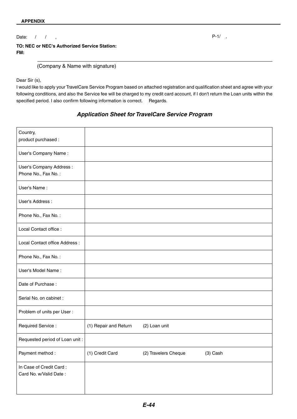 E-44, Application sheet for travelcare service program | Nikon LT170 User Manual | Page 44 / 45