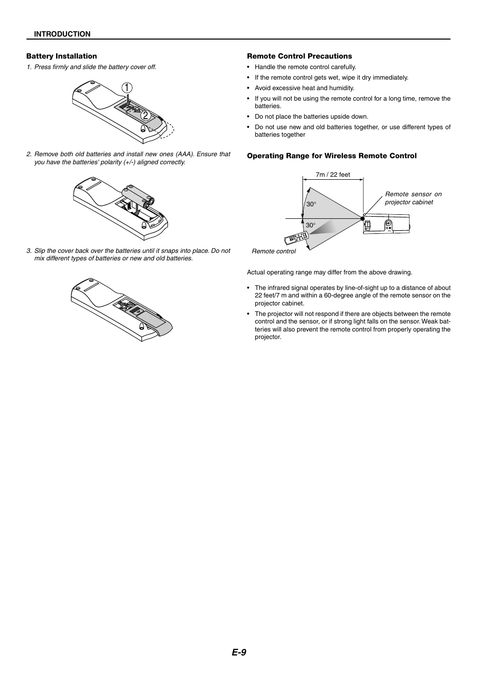 Battery installation, Remote control precautions, Operating range for wireless remote control | Nikon LT170 User Manual | Page 9 / 45