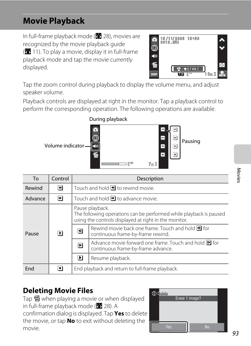 Movie playback, Deleting movie files | Nikon Coolpix S60 User Manual | Page 105 / 184