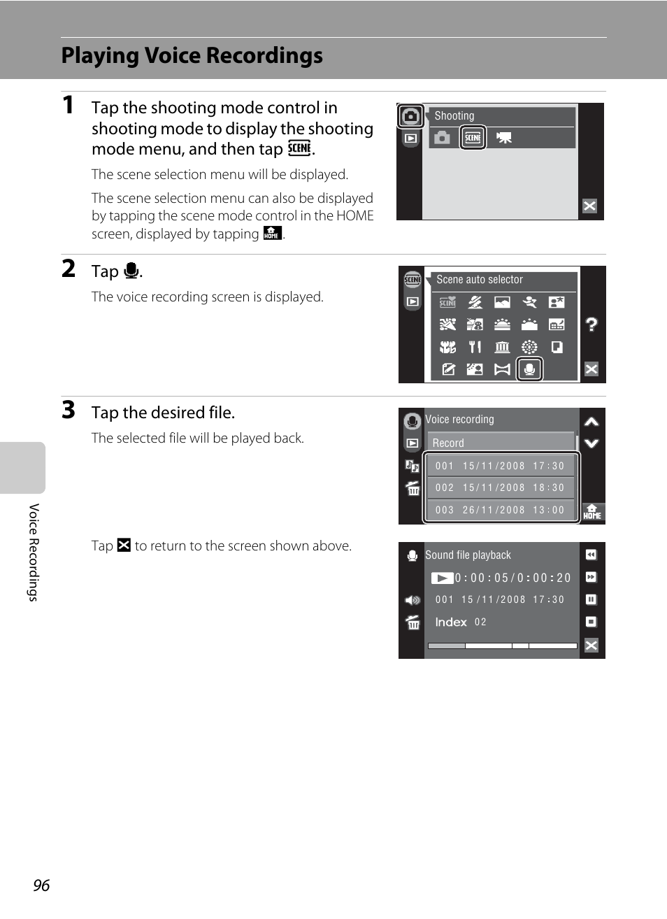 Playing voice recordings, Tap e, Tap the desired file | Nikon Coolpix S60 User Manual | Page 108 / 184