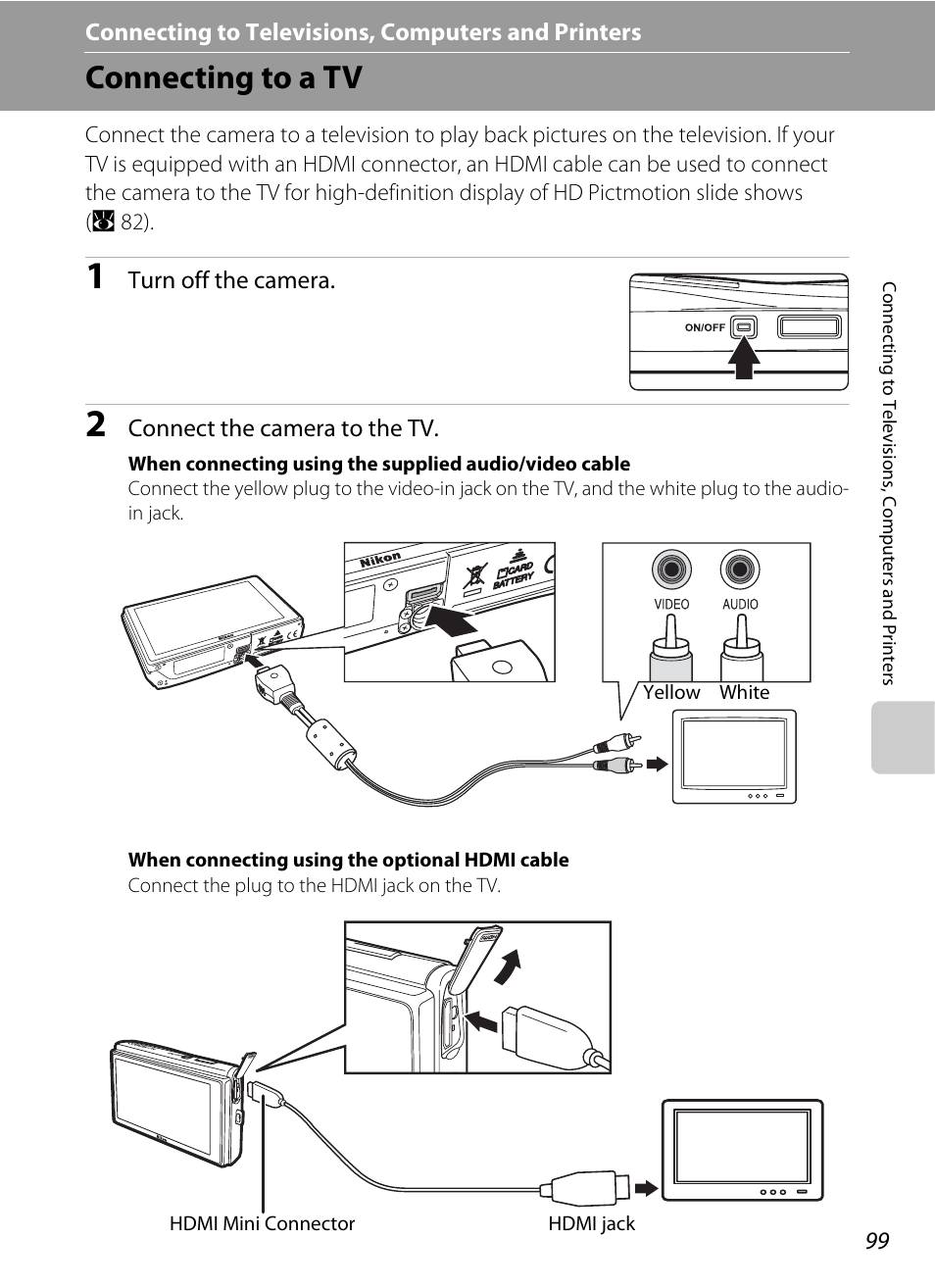 Connecting to televisions, computers and printers, Connecting to a tv, Ed to a tv | A 99) | Nikon Coolpix S60 User Manual | Page 111 / 184
