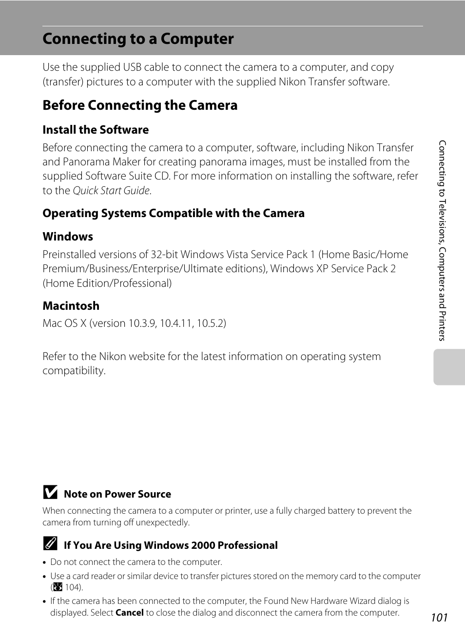 Connecting to a computer, Before connecting the camera, A 101) and us | Nikon Coolpix S60 User Manual | Page 113 / 184