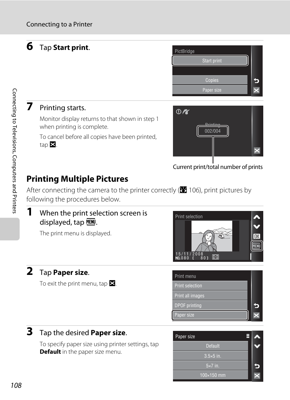 Printing multiple pictures, A 108), Tap start print | Printing starts, Tap paper size, Tap the desired paper size | Nikon Coolpix S60 User Manual | Page 120 / 184