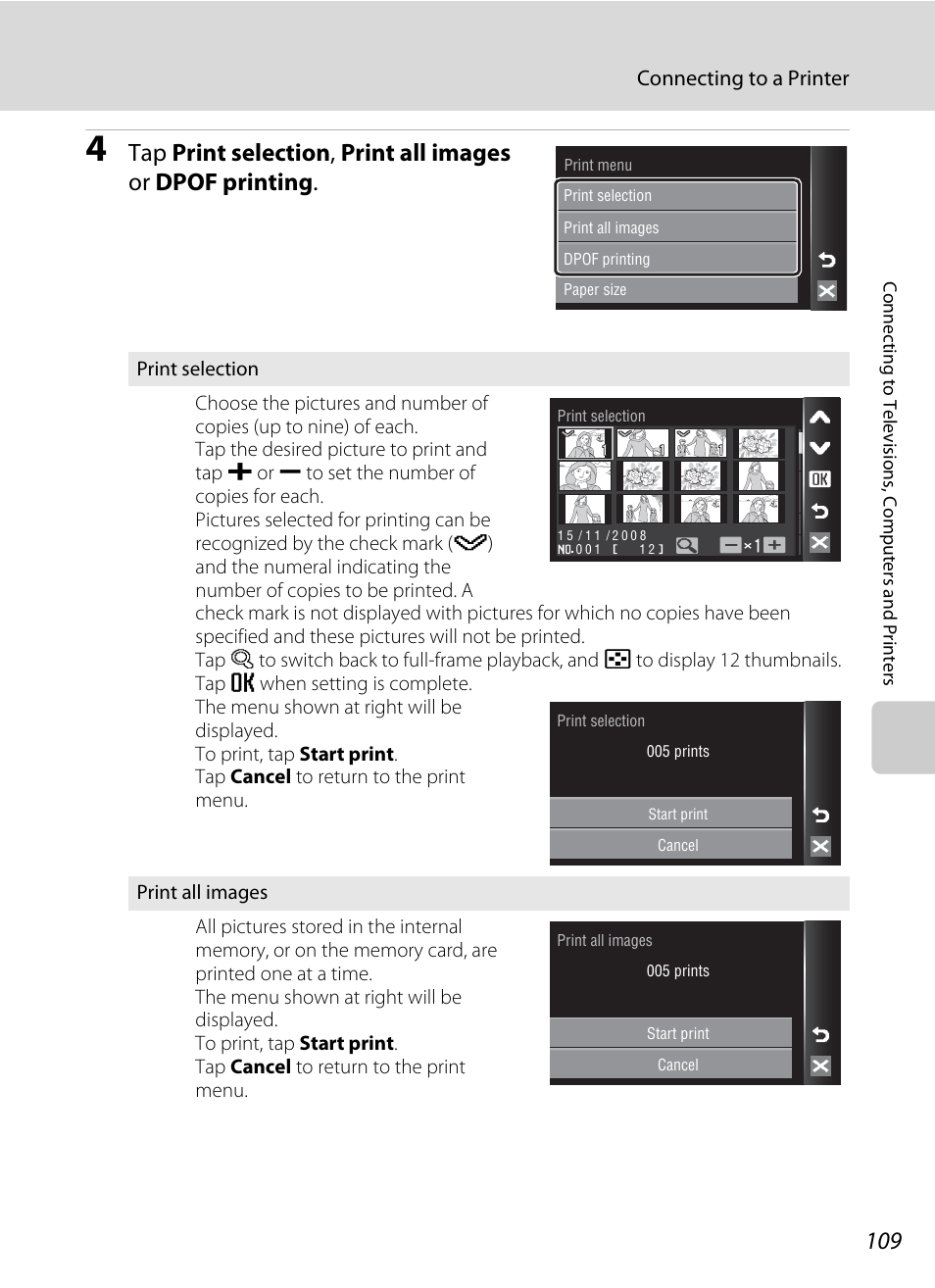 Connecting to a printer | Nikon Coolpix S60 User Manual | Page 121 / 184