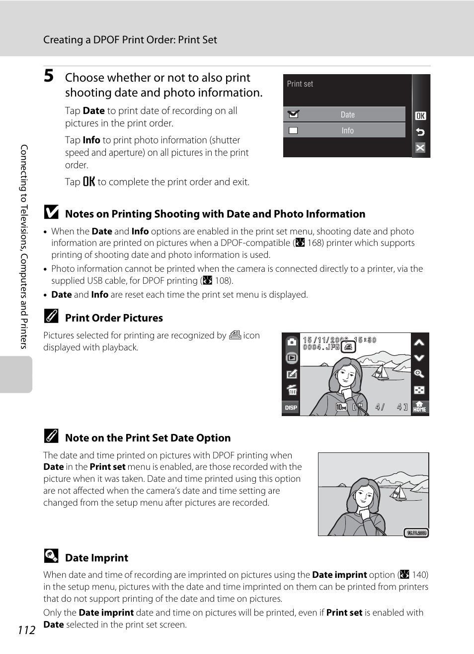 Creating a dpof print order: print set, Print order pictures, Date imprint | Nikon Coolpix S60 User Manual | Page 124 / 184