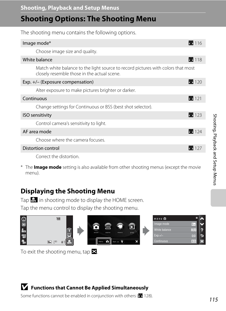 Shooting, playback and setup menus, Shooting options: the shooting menu, Displaying the shooting menu | D shooting, playback and setup menus, A 115) and fo, A 115) | Nikon Coolpix S60 User Manual | Page 127 / 184