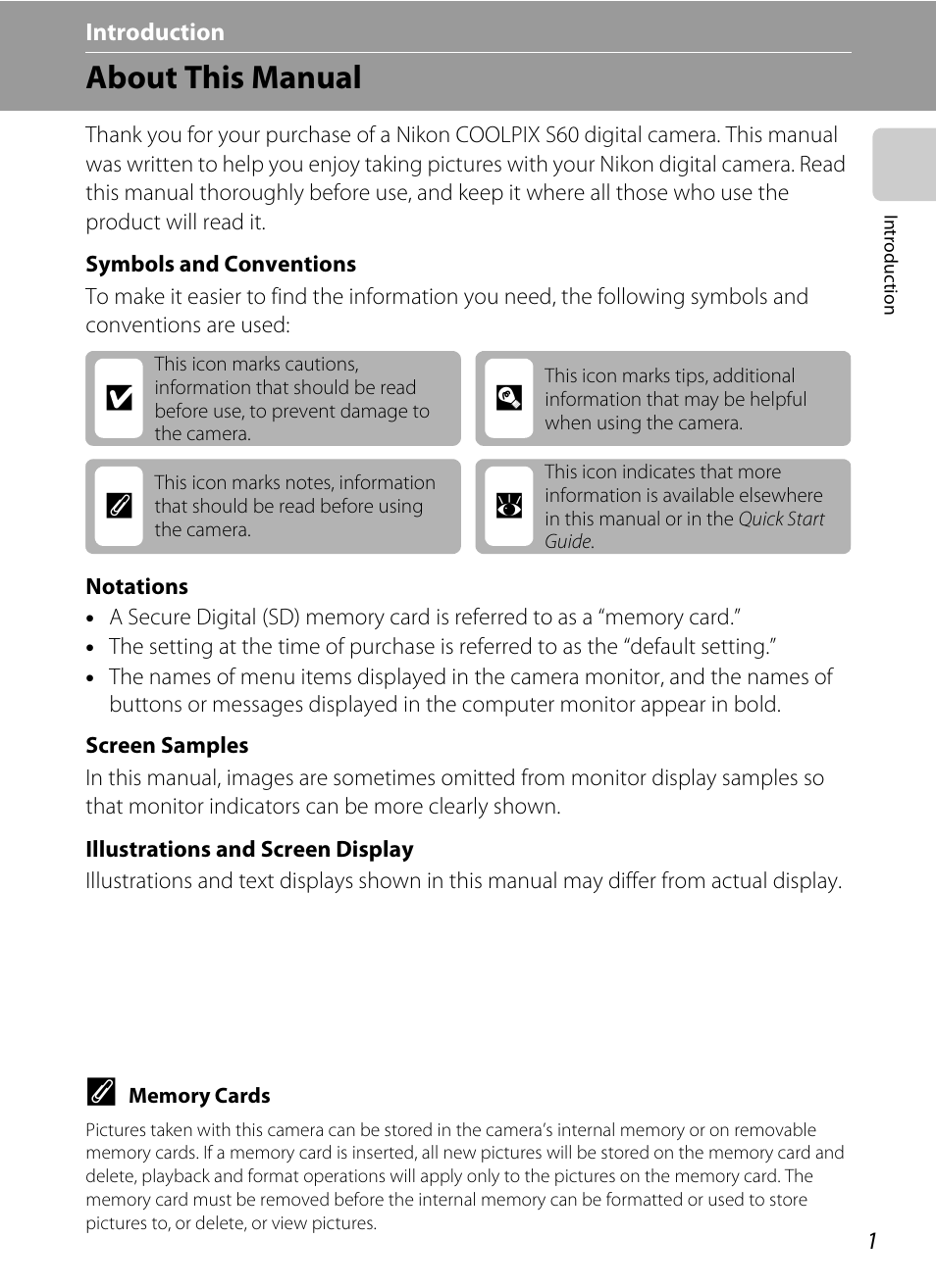 Introduction, About this manual, Ab c | Nikon Coolpix S60 User Manual | Page 13 / 184